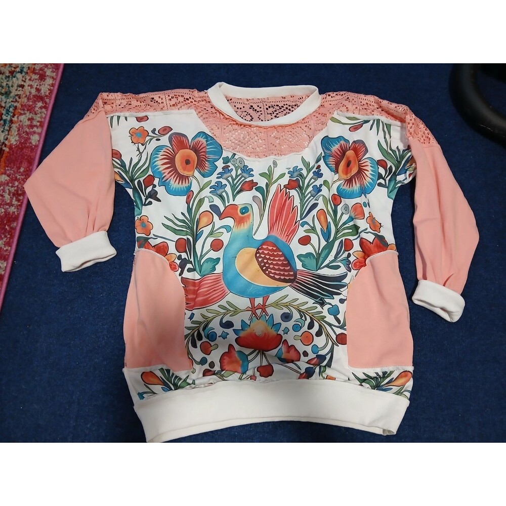 Tropical Bird with Colorful Flowers Sweatshirt/Pockets   Medium   NWOT
